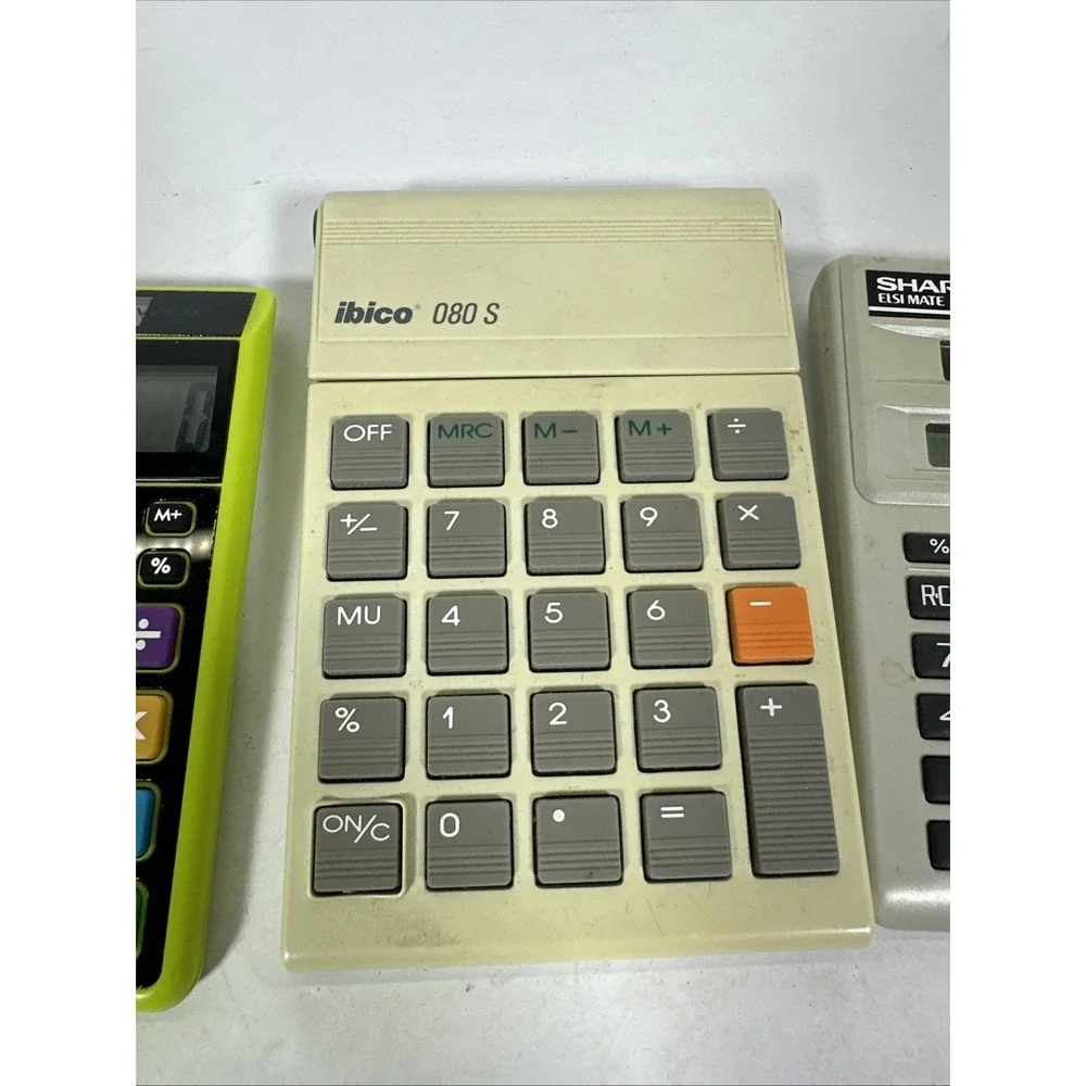 Lot of 3 Vintage Calculators Ibico 080S Flip Sharp Elsi Mate EL-243C Solar